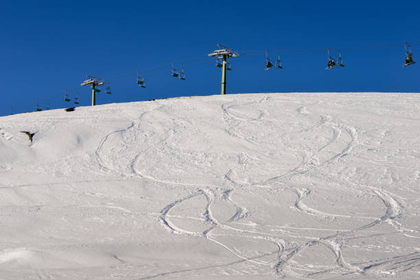 istock Winding snowboard trace and chairlift shadow on white snow 923068082