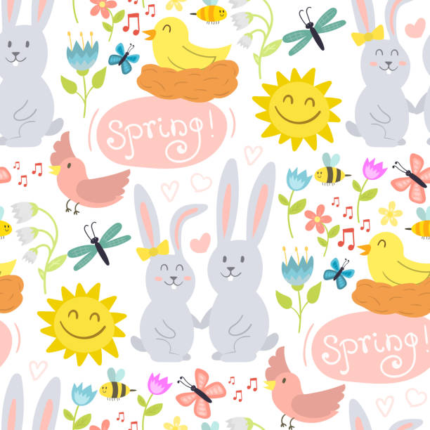 Spring vector natural floral blossom gardening beauty design and nature grass season branch springtime hand drawn seamless pattern background illustration Spring vector natural floral blossom gardening beauty design and nature grass season branch springtime hand drawn seamless pattern background illustration. Birds and animals outdoor concept. flower backgrounds cherry blossom spring stock illustrations