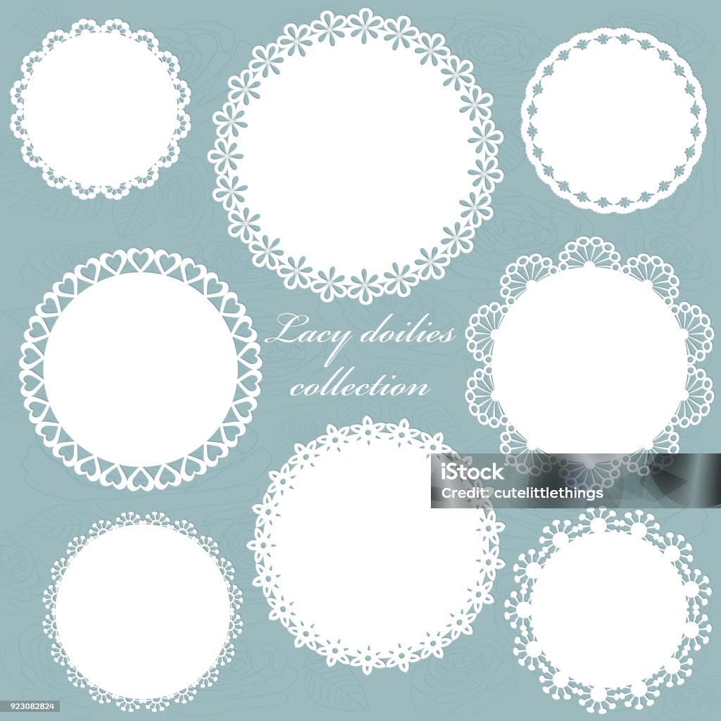 Cute lacy doilies set on floral background. Cute lacy doilies set on floral background. For scrapbook, birthday or baby shower design. Lace - Textile stock vector