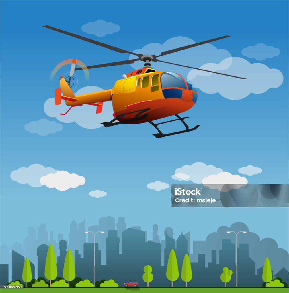 Rescue helicopter Vector illustration, rescue helicopter flight on the city Helicopter stock vector