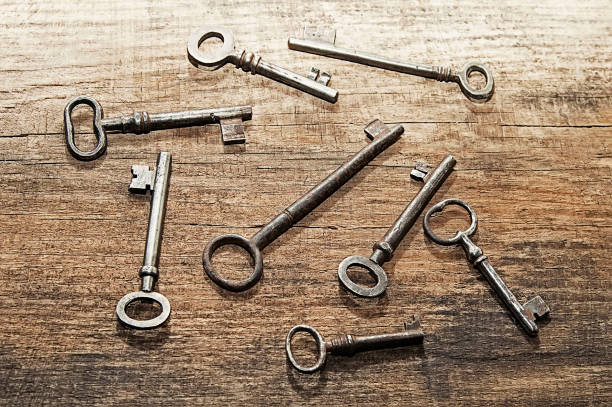 istock Antique metal keys on wooden background 923092472