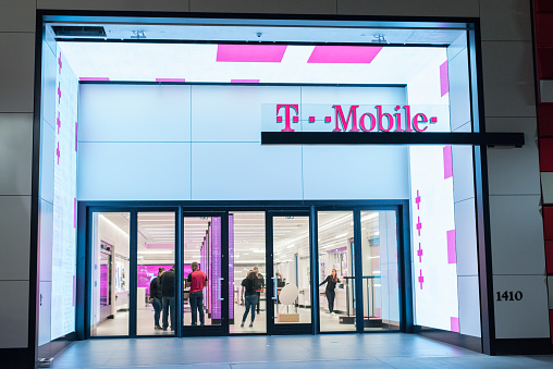 Santa Monica, CA: April 13, 2017: The exterior of a T-Mobile store in Santa Monica. T-Mobile is headquartered in Bonn, Germany.