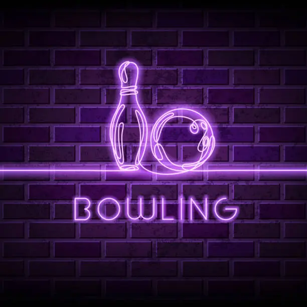 Vector illustration of Neon bowling vector illustration. Glowing continuous line drawing of bowling ball, pin on purple brick wall background.