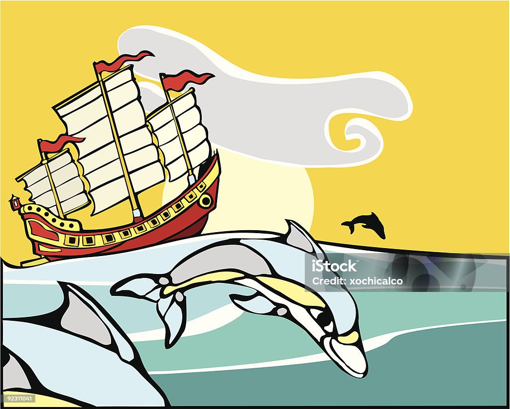 China basura con los delfines. - arte vectorial de Bandera libre de derechos