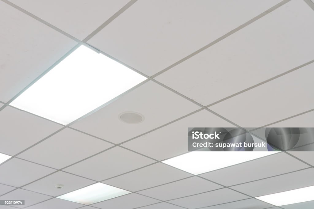 White ceiling with neon light bulbs in uprisen view.as background interior decoration concept with copy space for your text or design. Ceiling Stock Photo