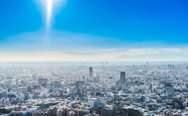 panoramablick auf die moderne stadt skyline luftbild vogelperspektive shinjuku & shibuya bereich - shinjuku bezirk stock-fotos und bilder