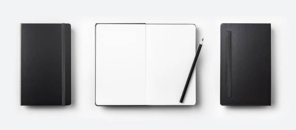 istock Top view collection of black fly black notebook front, back and white open page isolated on background for mockup 923117538