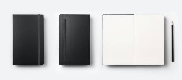 istock Top view collection of black fly black notebook front, back and white open page isolated on background for mockup 923117546