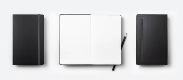 istock Top view collection of black fly black notebook front, back and white open page isolated on background for mockup 923117574