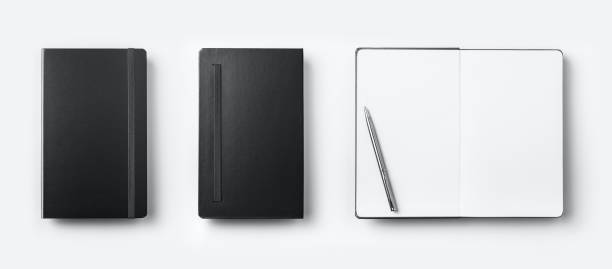 istock Top view collection of black fly black notebook front, back and white open page, ballpoint pen 923117610