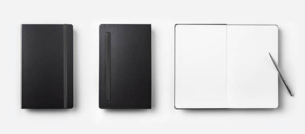 istock Top view collection of black fly black notebook front, back and white open page, ballpoint pen 923117616