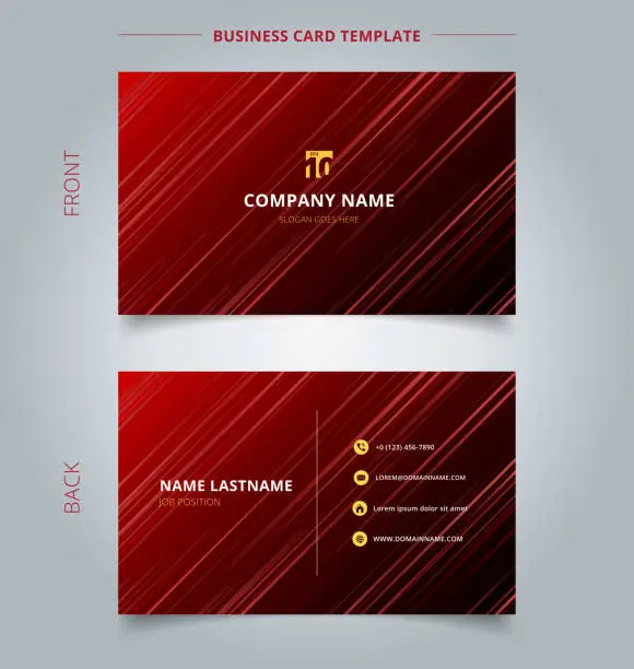 Vector illustration of Creative business card and name card template technology red laser rays light and lighting effects diagonally on dark background.