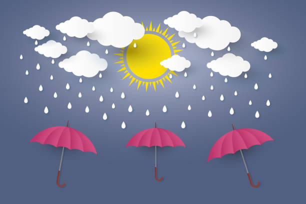 istock Red umbrella in blue sky with rain Paper art Style.vector Illusatration 923127010