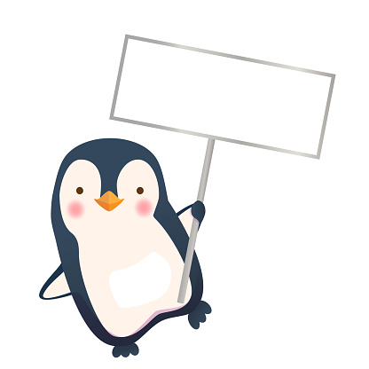 Penguin holding blank sign. Penguin cartoon vector illustration.