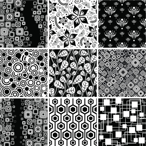 schwarzen und weißen nahtlosen kollektion - tapetenmuster stock-grafiken, -clipart, -cartoons und -symbole