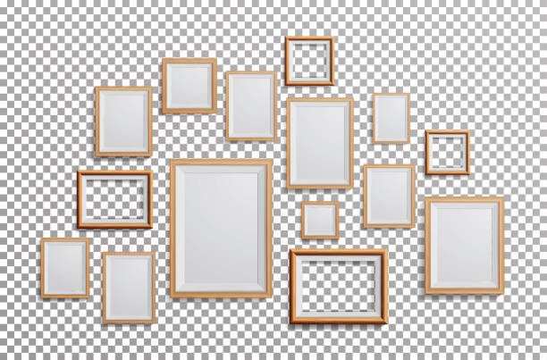 realistische foto frame vector. zeichendreieck, a3, a4 größen leichte holz leere bilderrahmen, hängen auf transparenten hintergrund von vorne. designvorlage für mock up - picture frame frame paintings wood stock-grafiken, -clipart, -cartoons und -symbole