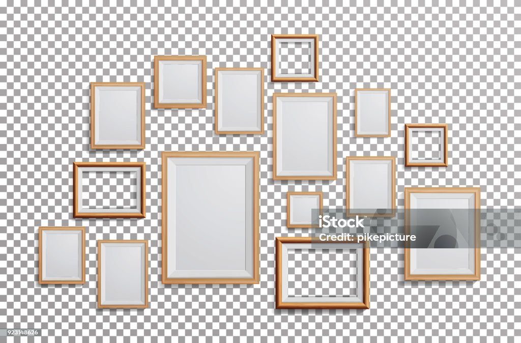 Vettore cornice foto realistico. Set Square, A3, A4 Sizes Light Wood Blank Picture Frame, appeso su sfondo trasparente dalla parte anteriore. Modello di progettazione per mock up - arte vettoriale royalty-free di Cornice per foto