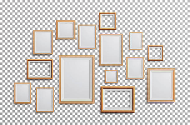 realistyczny wektor ramki do zdjęć. set square, a3, a4 rozmiary jasne drewno puste ramki na zdjęcia, wiszące na przezroczystym tle z przodu. szablon projektu dla makiety - ściana ilustracje stock illustrations