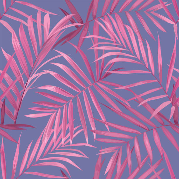 ilustrações, clipart, desenhos animados e ícones de tropical padrão sem emenda com palma da mão-de-rosa deixa no fundo roxo. - palmleaf