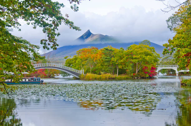 jesienny sezon widok na jezioro w parku narodowym onuma i mt. komagatake ,hokkaido, japonia. - mountain scape zdjęcia i obrazy z banku zdjęć