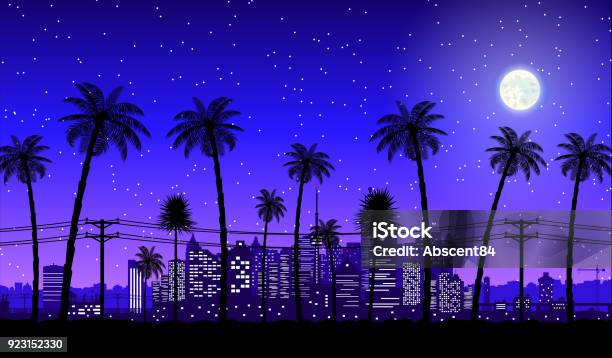 City Skyline Silhouette At Night Stock Illustration - Download Image Now - Miami, Palm Tree, City