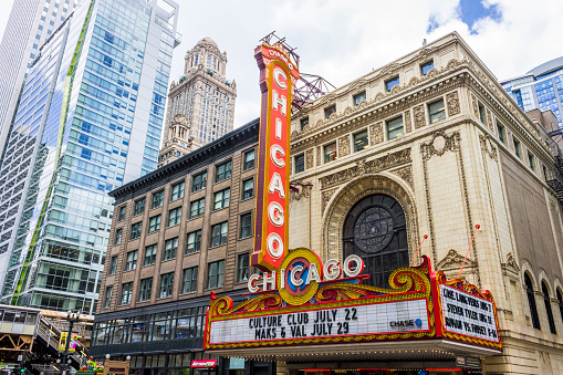The Chicago Theatre, originally known as the Balaban and Katz Chicago Theatre, a landmark theater on North State Street in the Loop area of Chicago, Illinois, United States of America
