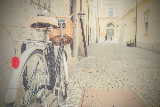 Retro bicycle on a empty street / alley.
