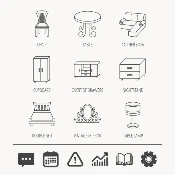 Vector illustration of Corner sofa, table and cupboard icons.