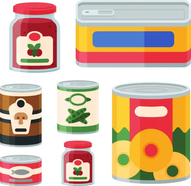 Vector illustration of Collection of various tins canned goods food metal and glass container vector illustration