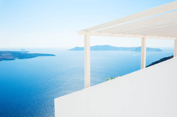 White architecture on Santorini island, Greece. Beautiful summer landscape, sea view.