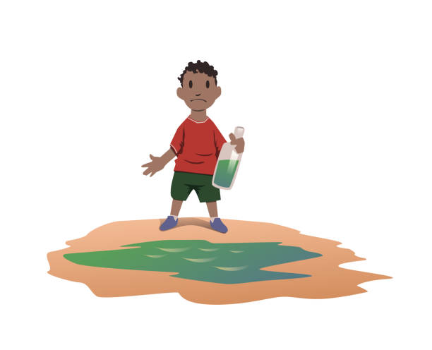 koncepcja niedoboru wody. afrykański chłopiec wziął wodę pitną z brudnej kałuży. zła woda pitna jest przyczyną niebezpiecznych infekcji jelitowych. ilustracja wektorowa izolowana na białym tle. - scarcity stock illustrations