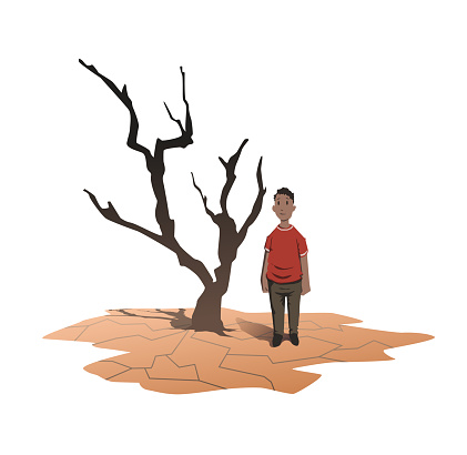Water scarcity concept. An African man stands next to a withered tree on the cracked earth. Drought, crop failure. Vector illustration, isolated on white background.