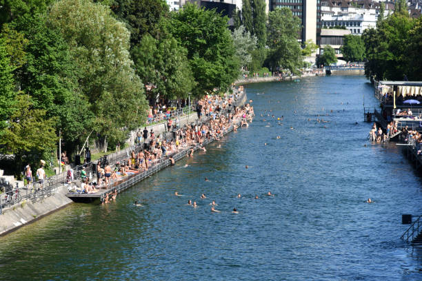 zürich-limmat mit schwimmen menschen - limmat schwimmen stock-fotos und bilder