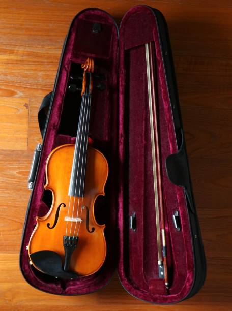 istock Violin in his purple clad case. Wood background 923201018