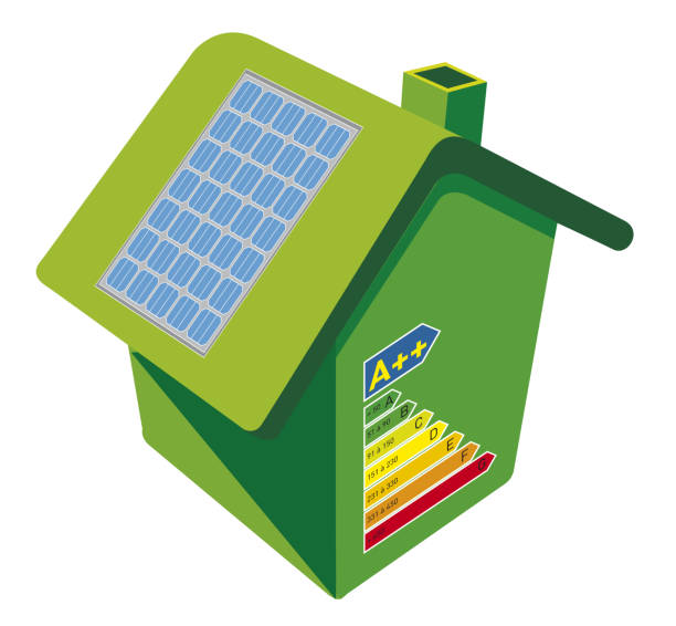 green house in the sun with energy efficiency graph Energy-saving or Energo-passive house. Alternative energy resources fuel and power generation greenhouse efficiency power supply stock illustrations