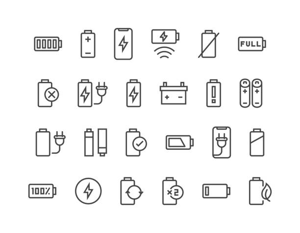 배터리 관련된 벡터 라인 아이콘 설정 합니다. 자동차 충전 스테이션, 재활용, 휴대폰 충전, 배터리 수명 등으로 같은 아이콘을 포함 되어 있습니다. 편집 가능한 선입니다. 48 x 48 픽셀 완벽 - polarity stock illustrations
