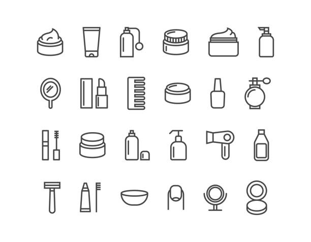 Simple Set of Cosmetics Related Vector Line Icons. Icons as Cream. Editable Stroke. 48x48 Pixel Perfect. eps 10 mirror object patterns stock illustrations