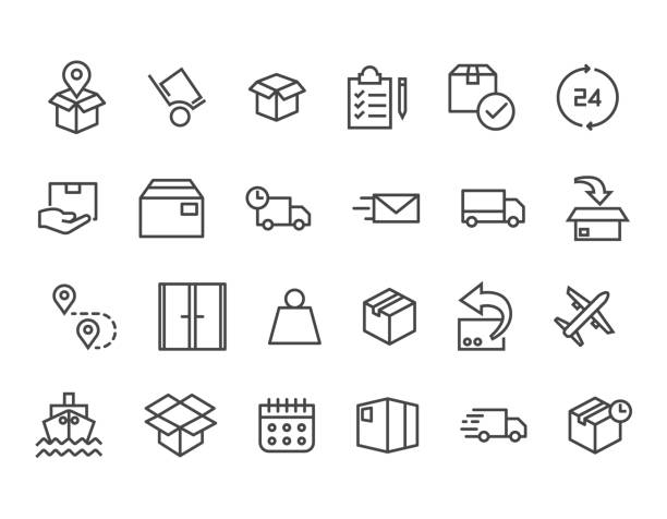 ilustrações de stock, clip art, desenhos animados e ícones de set of delivery related vector line icons. contains such icons as priority shipping, express delivery, tracking order and more. editable stroke. 48x48 pixel perfect. - business speed horizontal commercial land vehicle