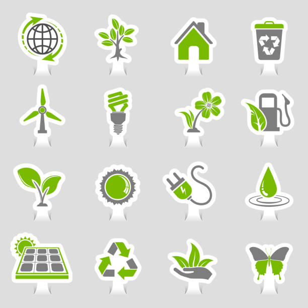 ilustrações de stock, clip art, desenhos animados e ícones de environment icons sticker set - drop solar panel symbol leaf