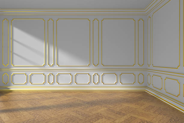 istock Empty white room with gold molding and parquet floor 923218104