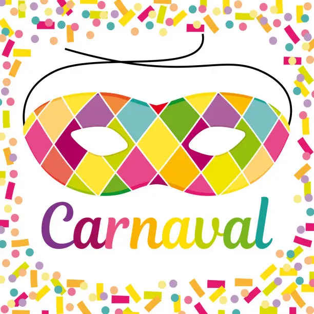 Vector illustration of Joyful Carnaval illustration with beautfiul Harlequin mask on a colorful confetti and streamers vector background.