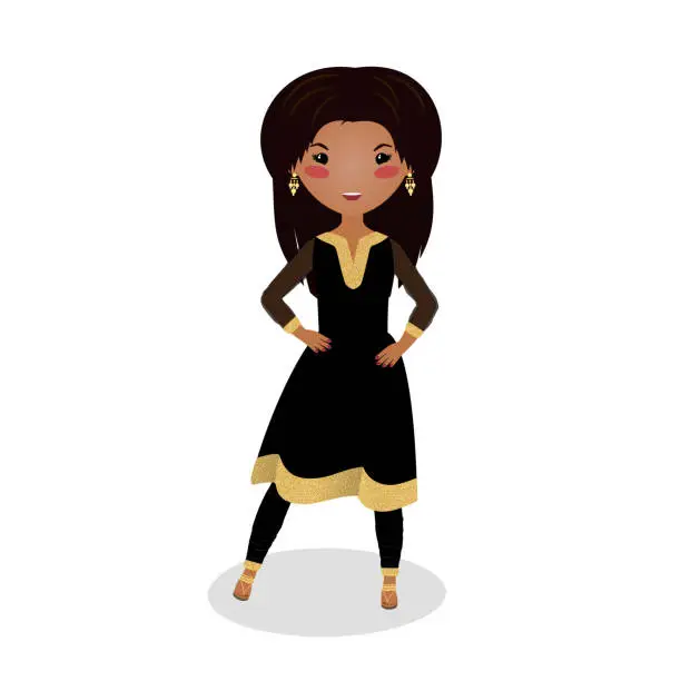 Vector illustration of Smiling girl in Salwar Kameez. Cartoon character.