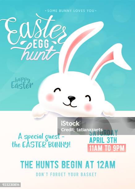Nette Party Plakat Für Easter Egg Hunt Mit Lustige Osterhasen Stock Vektor Art und mehr Bilder von Osterhase