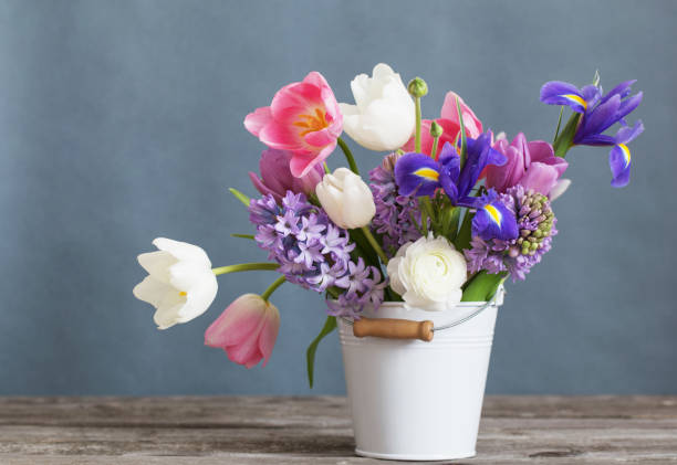 istock spring flowers in bucket on gray background 923230988