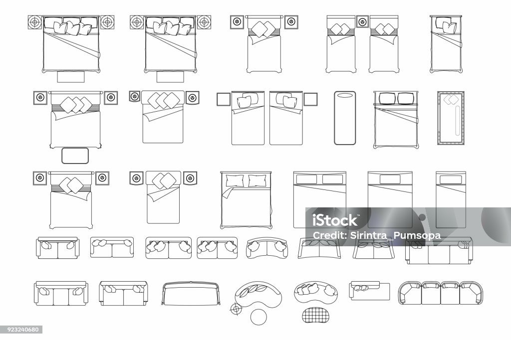 Top view of set furniture elements outline symbol for bedroom and living room. Interior icon bed and sofa. Bed - Furniture stock vector