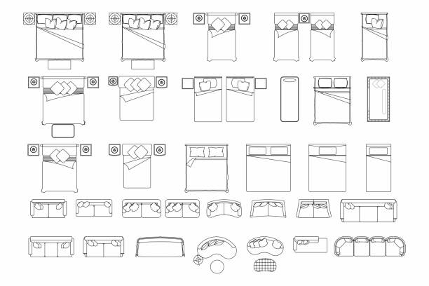 Top view of set furniture elements outline symbol for bedroom and living room. Interior icon bed and sofa. Top view of set furniture elements outline symbol for bedroom and living room. Interior icon bed and sofa. bed furniture stock illustrations