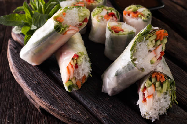istock Delicious vietnamese spring roll with vegetable on dark background ,healthy food 923243992