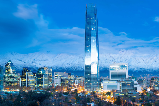 Skyline of financial district in Las Condes with Los Andes Mountains in the back, Santiago de Chile