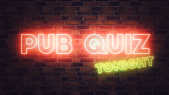 Pub Quiz neon sign mounted on brick wall, 3d render illustration