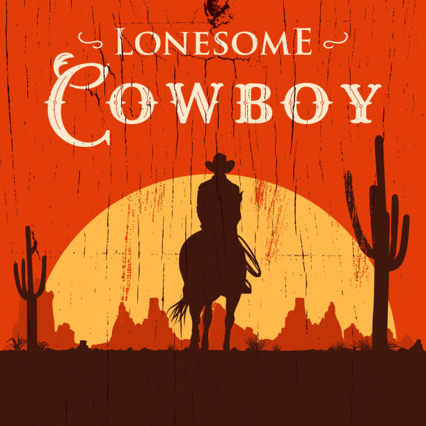 silhouette des einsamen cowboys reiten bei sonnenuntergang, vektor-illustration - mounted stock-grafiken, -clipart, -cartoons und -symbole
